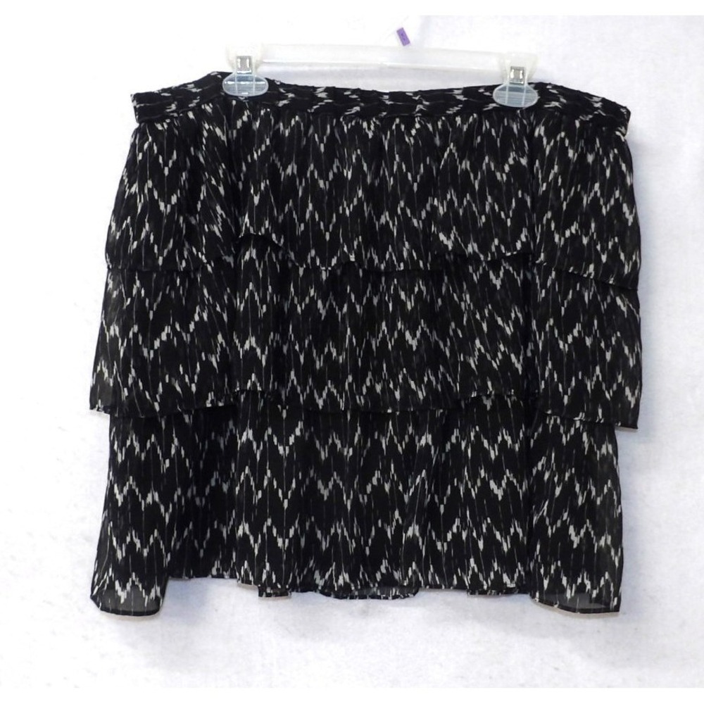 GAP Womens XL Black White Ikat Chevron Tiered Ruffle Chiffon Mini Skirt Elastic